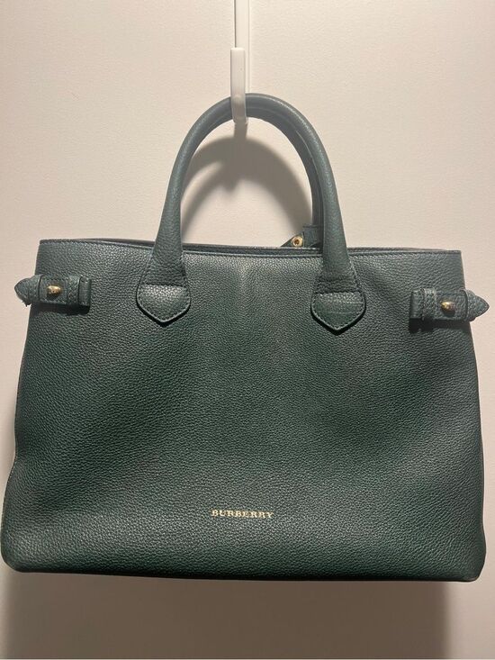 Burberry Handbags - Burberry Forest Green Leather Satchel with Gold Logo